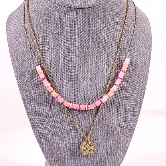 Delicate Necklace Set Pink Minimal Beachy Beaded Gold Tone Charm Coin 2 … - Picture 1 of 10